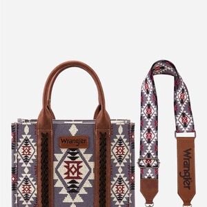 Wrangler Aztec Canvas Tote in Purple, Red, Cream with Brown Trim